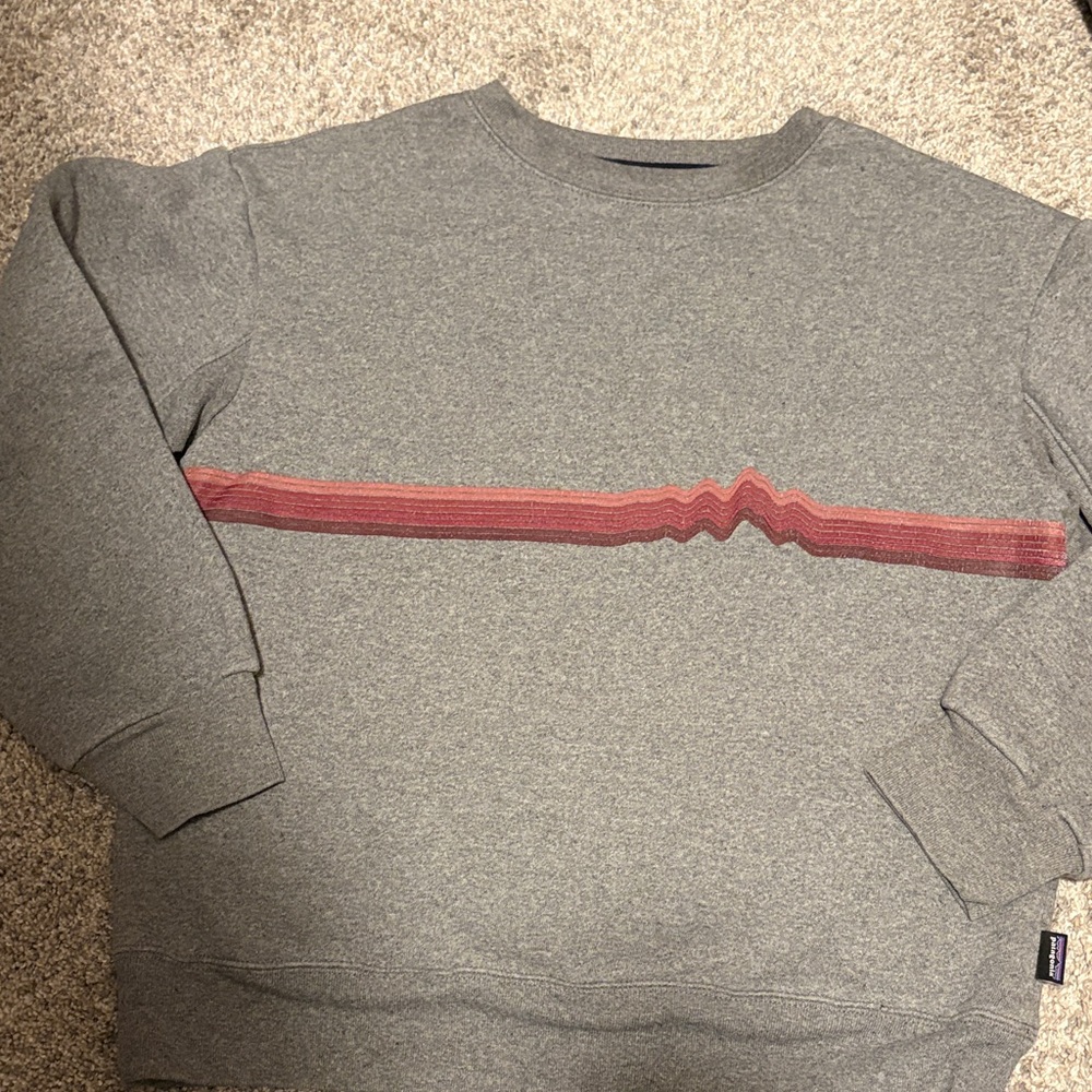 Patagonia Gray Crewneck Sweater with Red Stripe